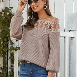 Lace Panel Ribbed Knit Bardot Sweater